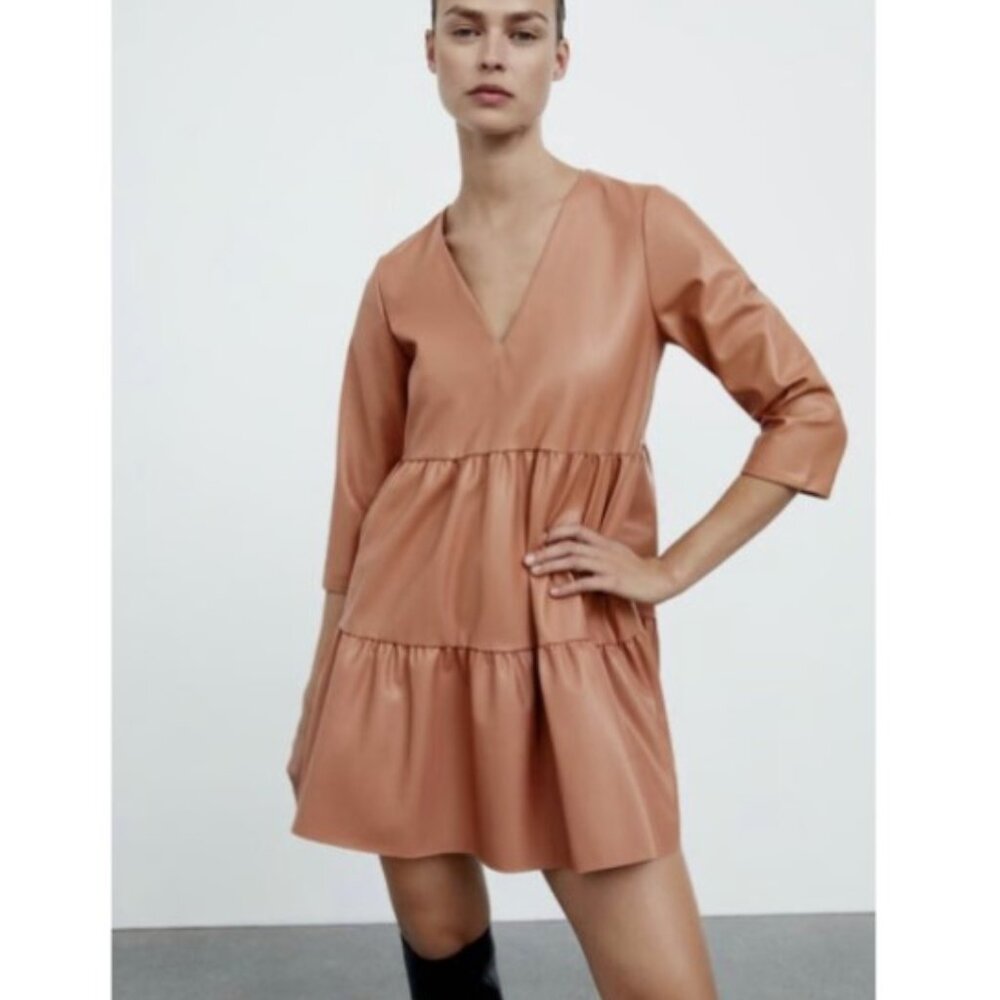 Zara Faux Leather Tiered Mini Dress Tan Brown Large NWT